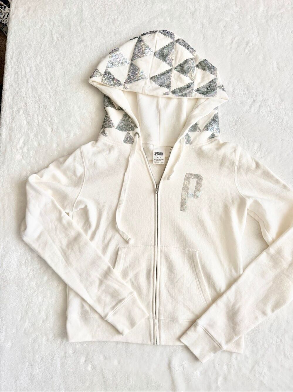 PINK Victoria’s Secret White Holographic Sequin Zip Hoodie Y2K Bling Women’s Sma - Picture 5 of 12
